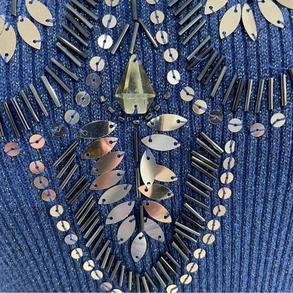 Blue Long Sleeve Ribbed Sequin Embellished Sweater M Glam Sparkly Festival Chic - Picture 10 of 11